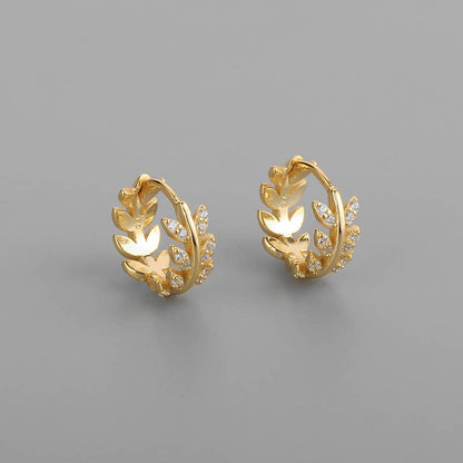 Melange Blanc - E043 gold leaf huggie earrings, leaf hoop earrings, huggies