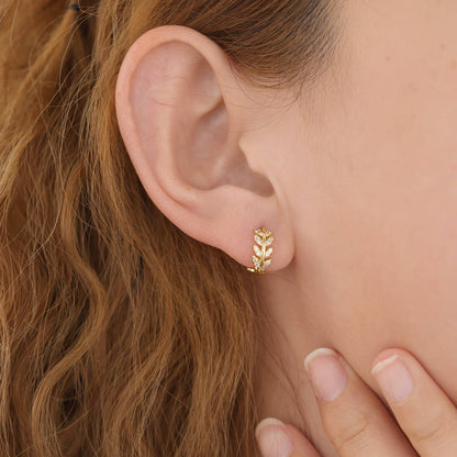 Melange Blanc - E043 gold leaf huggie earrings, leaf hoop earrings, huggies