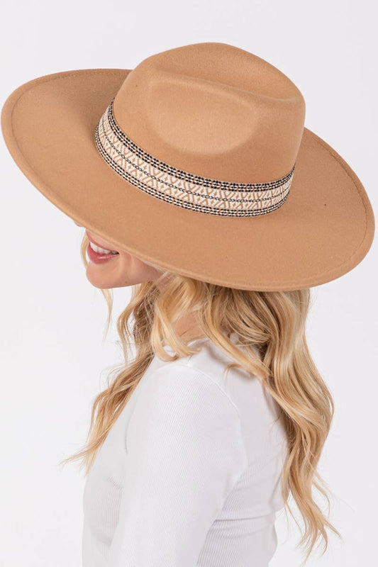 Collections by Fame Accessories - Flat Brim Boho Pattern Band Fedora Hat