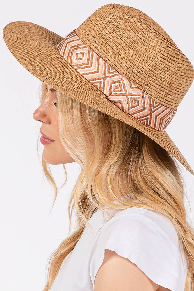 Hana - Aztec Tribal Pattern Band Straw Summer Sun Hat
