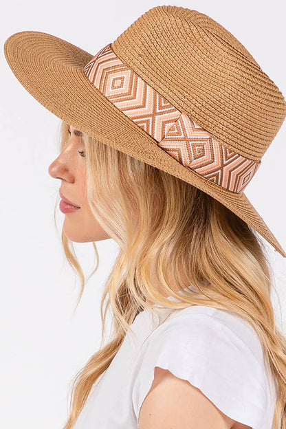 Hana - Aztec Tribal Pattern Band Straw Summer Sun Hat