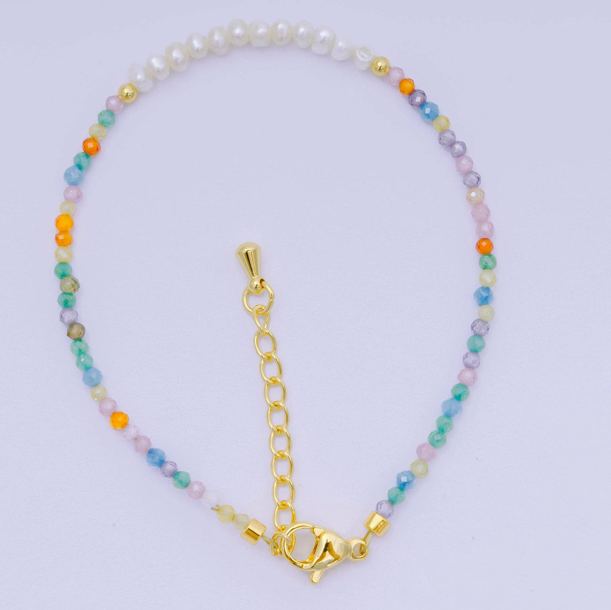 Aim Eternal - 24K Gold Filled Shell Pearl Multifaceted Natural Gemstone Bead 6.69 Inch Bracelet w. Extender | WA-03695 ~ WA-03717