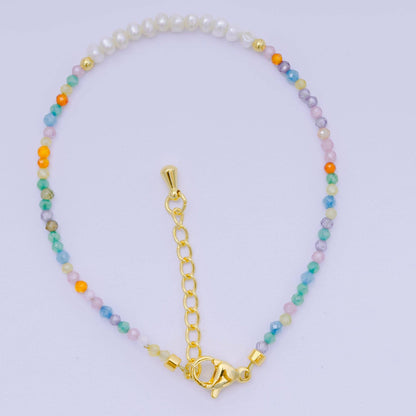 Aim Eternal - 24K Gold Filled Shell Pearl Multifaceted Natural Gemstone Bead 6.69 Inch Bracelet w. Extender | WA-03695 ~ WA-03717