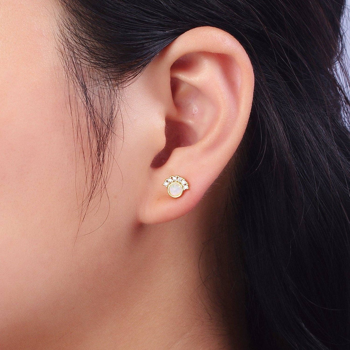 Aim Eternal - 24K Gold Filled Micro Paved Round White Opal Stud Earrings | Y152