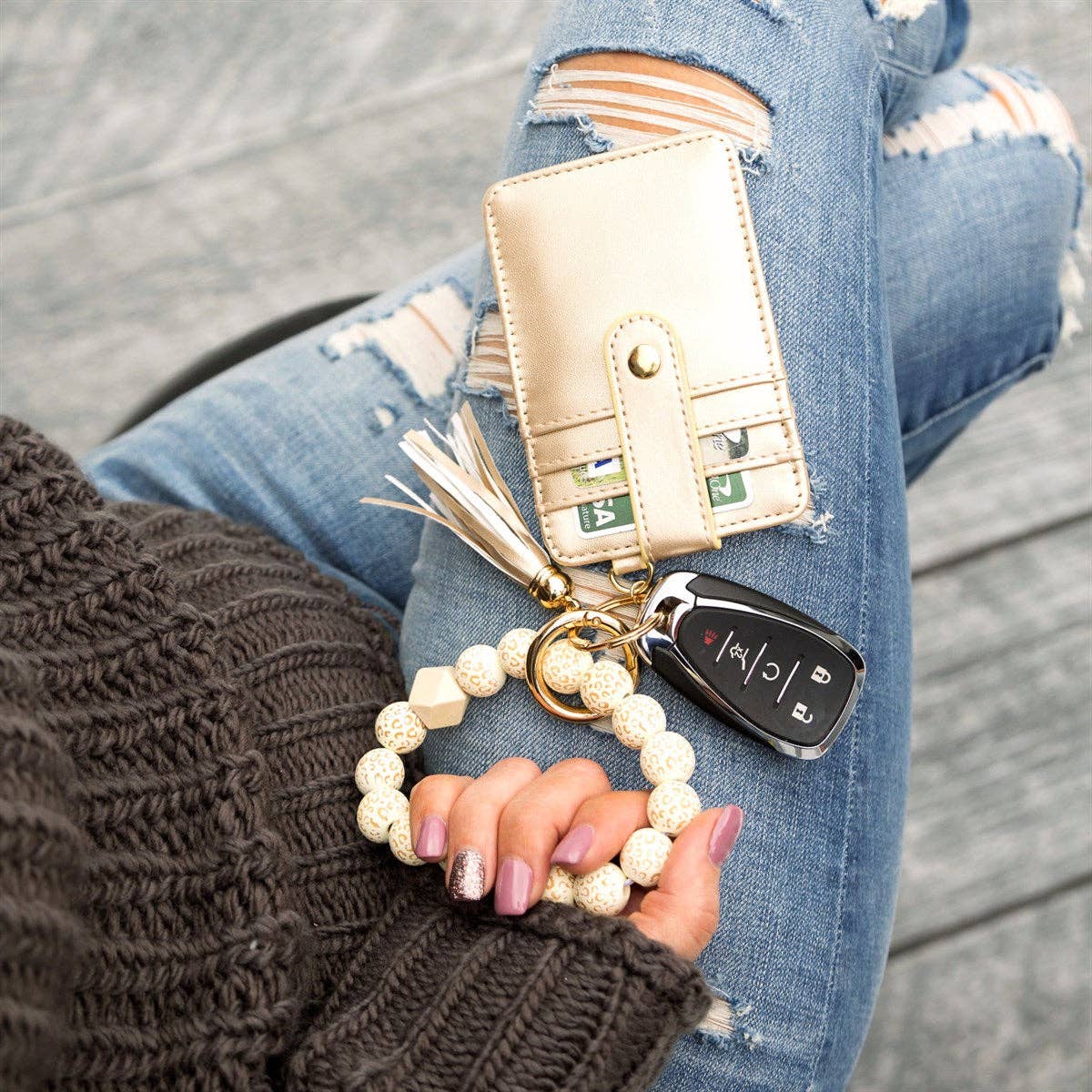 Aili's Corner - Leopard Beaded Key Ring Wallet Bracelet