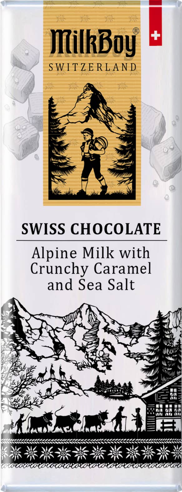 Milkboy Swiss Chocolates - Milk Chocolate with Caramel & Sea Salt Snack Size Bars 1.4oz