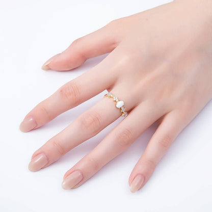 Aim Eternal - 16K Gold Filled White Opal Clear CZ Flower Leaf Adjustable Ring | Rings-00139