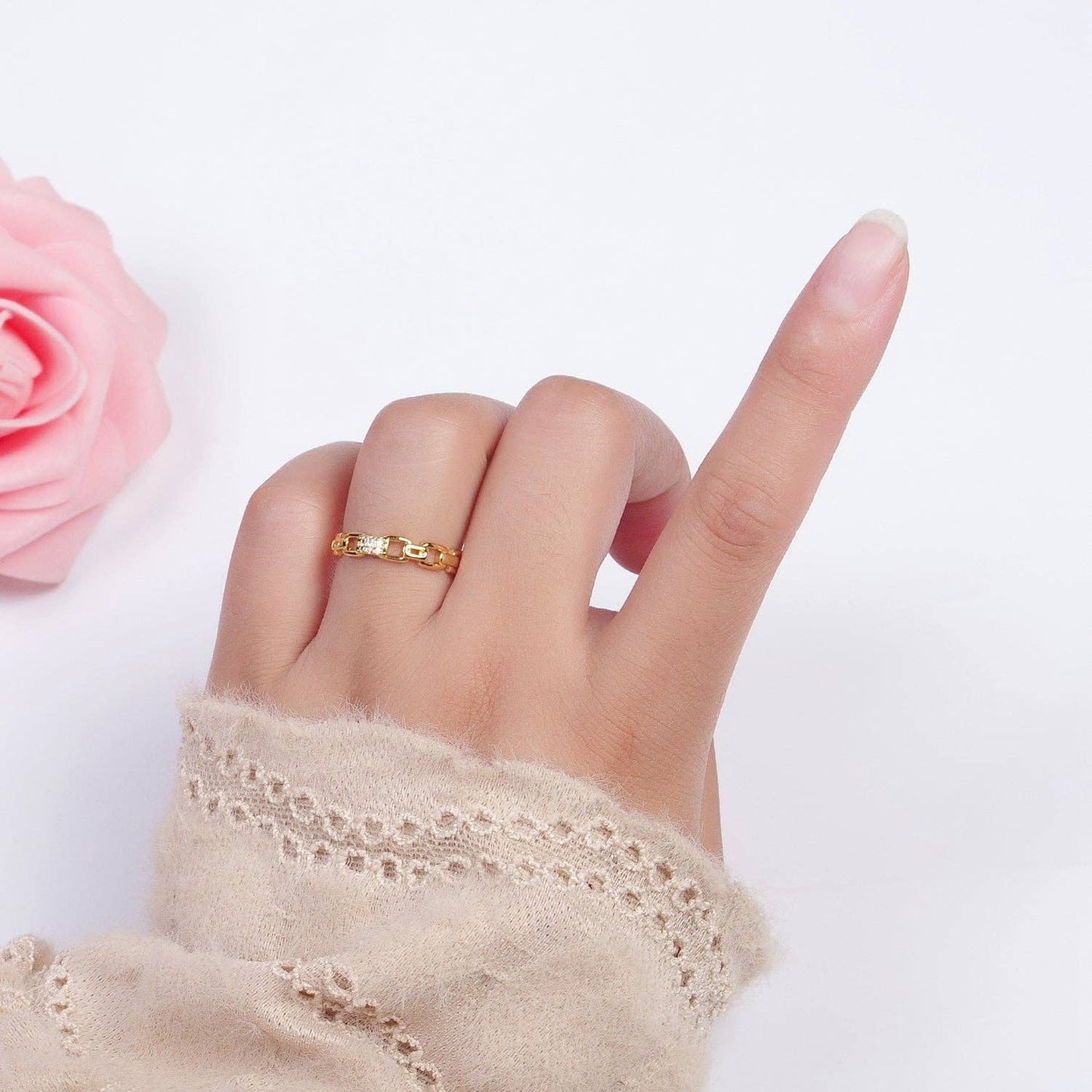 Aim Eternal - Minimalist Cable Chain Link Micro Paved Cubic Zirconia Adjustable Ring | X590