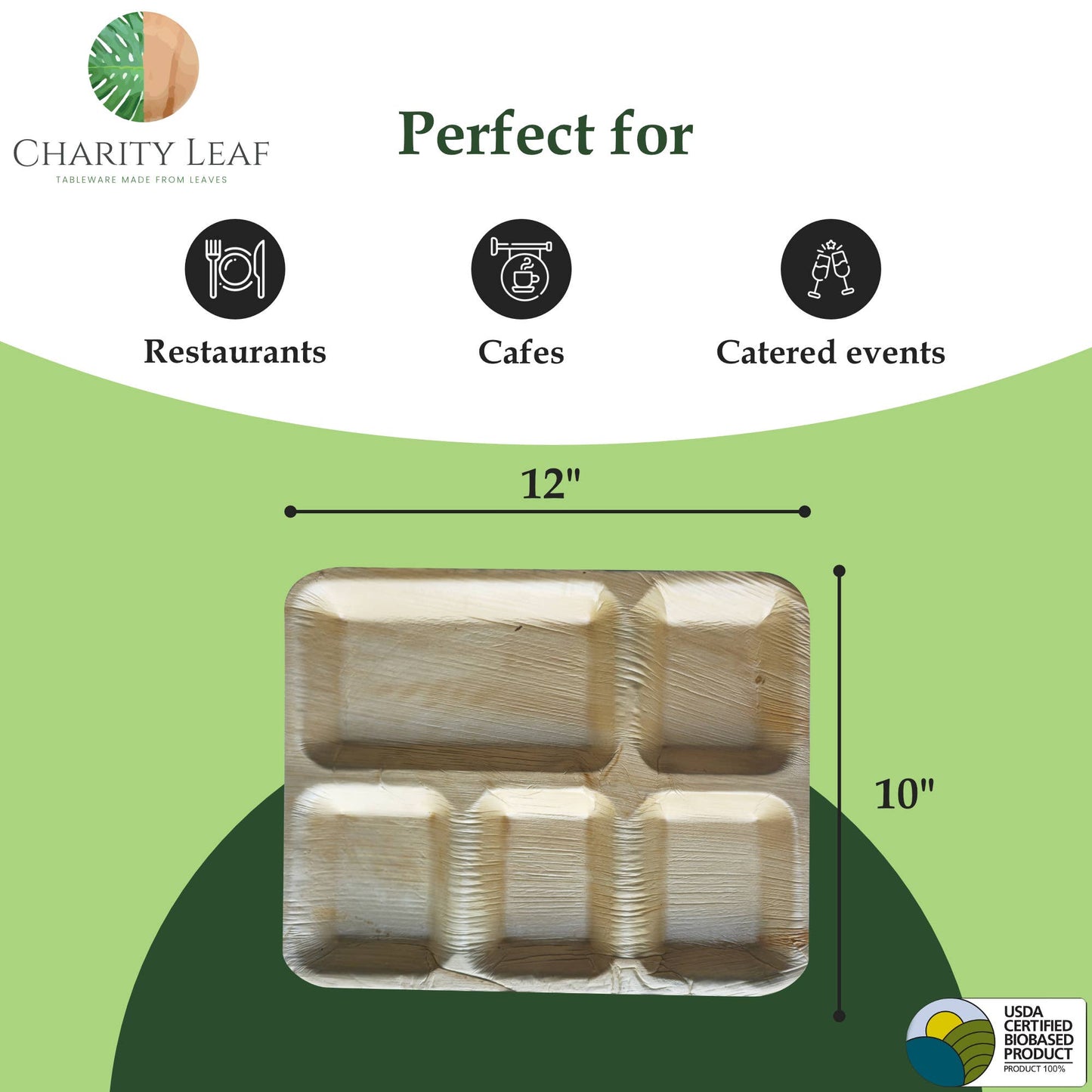 Charity Leaf - Palm Leaf 12x10" Rectangle - 5 Compartment - Pk of 25 Plates