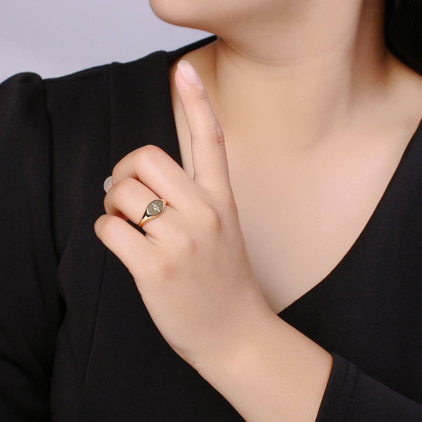 Aim Eternal - 1pc North Star of the Universe Gold Ring, Solitaire CZ Milky way Adjustable Gold Signet Ring, Simple Ring, Circle Ring R494