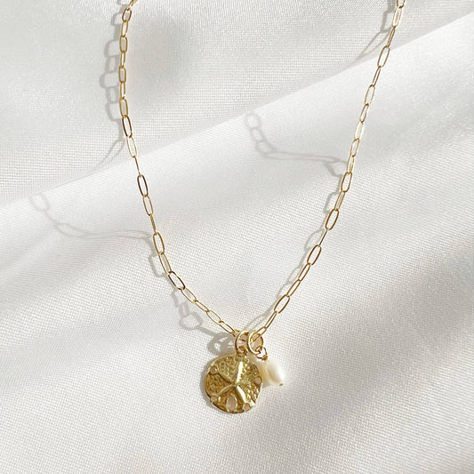 True by Kristy Jewelry - Sandy Pearl Beach Sand Dollar Charm Necklace Gold Filled