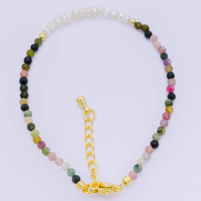 Aim Eternal - 24K Gold Filled Shell Pearl Multifaceted Natural Gemstone Bead 6.69 Inch Bracelet w. Extender | WA-03695 ~ WA-03717