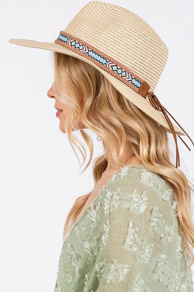 Hana - Woven Boho Aztec Pattern Band Summer Sun Hat