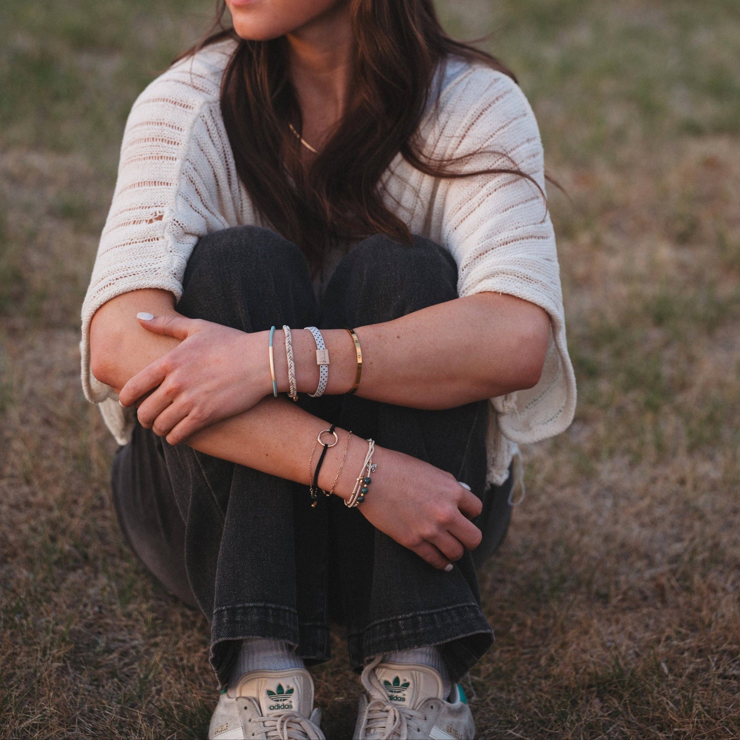 K'lani hair tie bracelets - "Flirt" Polka Dot in Cream & Black with Green Accent Hair Tie Bracelets