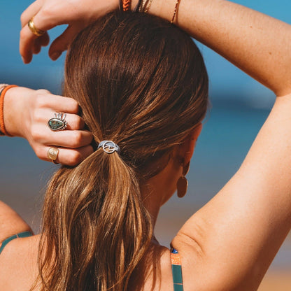 K'lani hair tie bracelets - "Celebrate" Blues and Corals With Silver Wave Charm Hair Tie Bracelets
