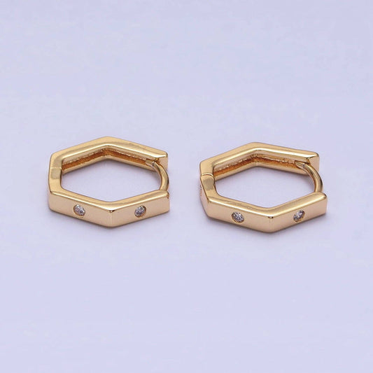 Aim Eternal - Gold Filled Clear CZ Dot Hexagonal Huggie Earrings
