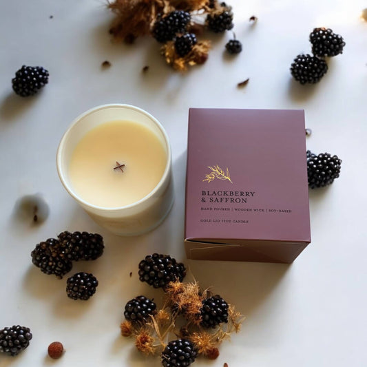 Woodsy Homelife - Blackberry & Saffron l Gold Lid Candle & Boutique Box
