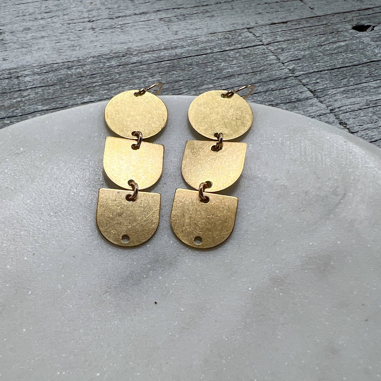 Sela+Sage - Circle Arch Three, Worn Brass Drop  Earrings & Gold Filled