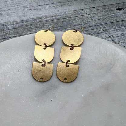 Sela+Sage - Circle Arch Three, Worn Brass Drop  Earrings & Gold Filled