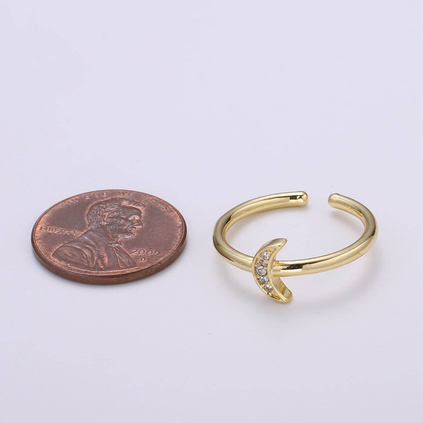 Aim Eternal - 1pc Cresent Moon CZ 24k Gold Ring, Moon Cubic Pave Adjustable Gold Curb Ring, Simple Ring, Clear Cubic Zirconia R316