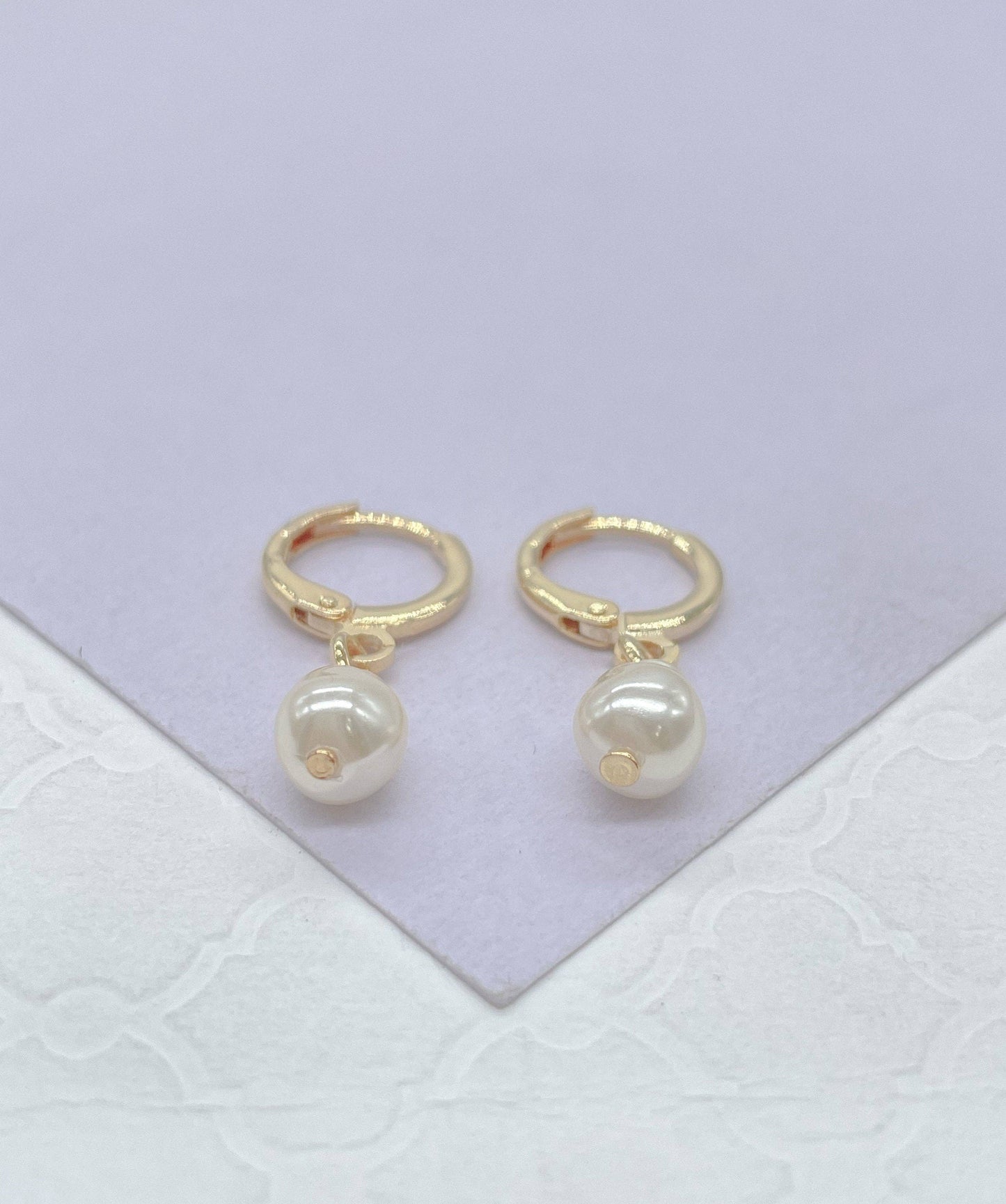 Milie Jewels - 18k Gold Filled Dainty Dangling Hoop With Small Pearl Charm