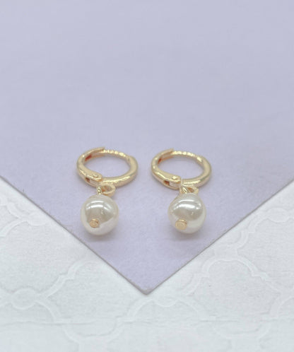 Milie Jewels - 18k Gold Filled Dainty Dangling Hoop With Small Pearl Charm