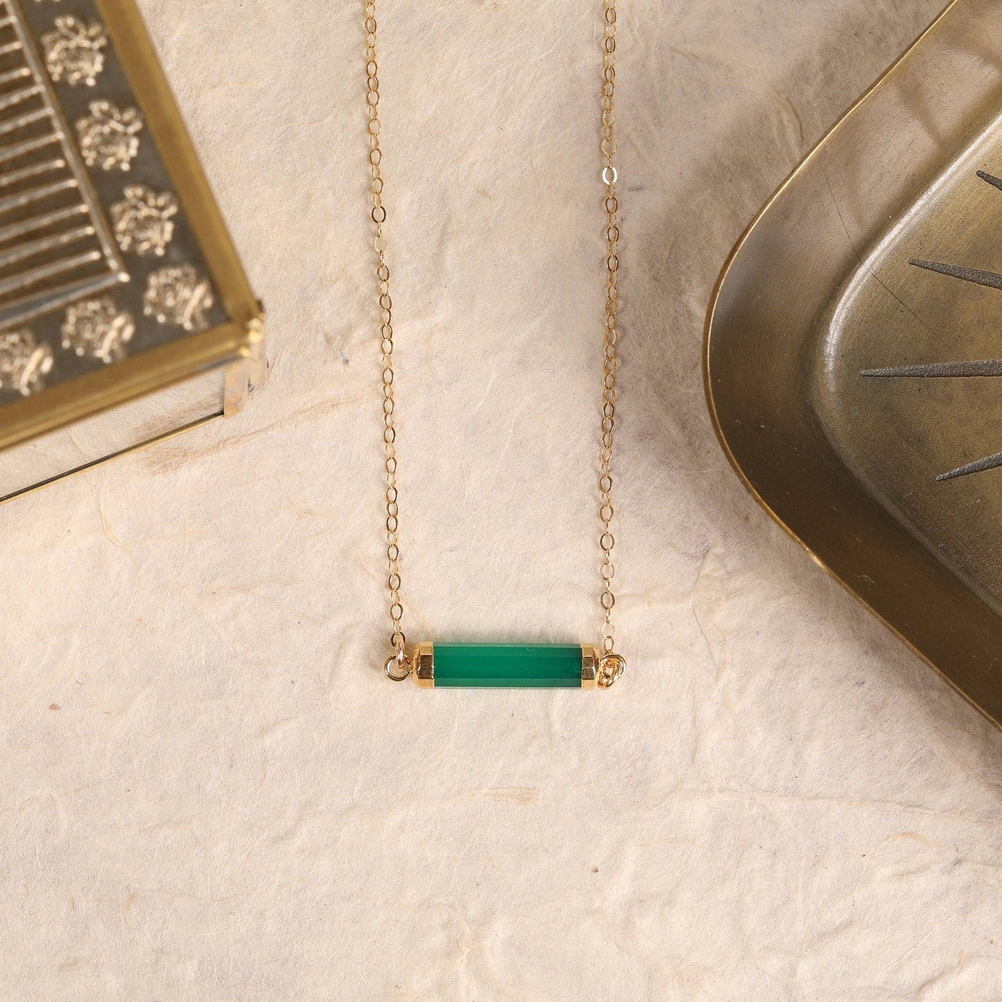 Soul & Little Rose - Green Onyx Long Bar Gold Necklace