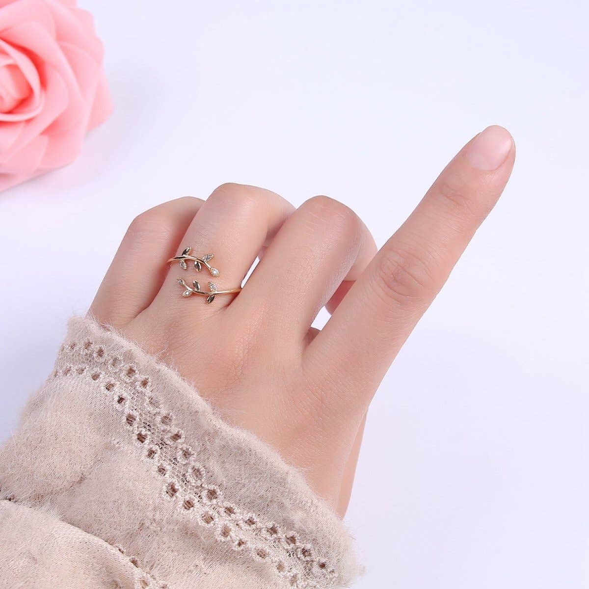 Aim Eternal - Micro Pave Olive Vine Leaf Adjustable Ring, Crystal Cubic Zirconia CZ Mother Nature Stacking Ring, Minimalist 16K Gold Filled Ring, Gift For Her Plant Mom U-436