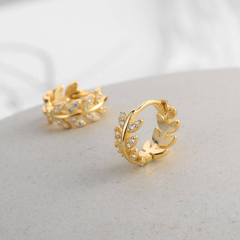 Melange Blanc - E043 gold leaf huggie earrings, leaf hoop earrings, huggies