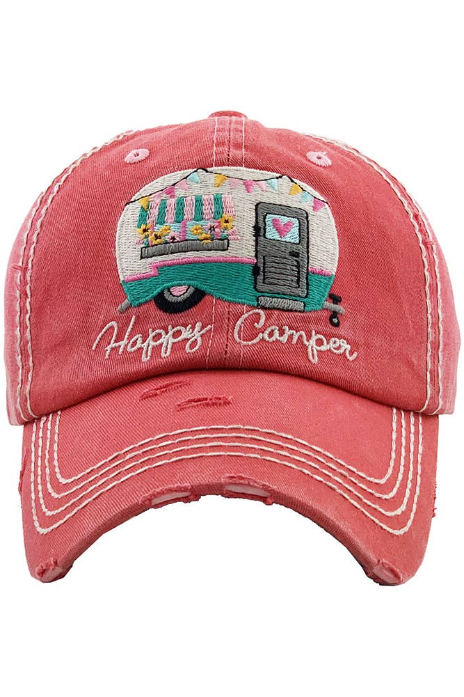 Hana - Embroidered HAPPY CAMPER Washed Vintage Baseball Cap