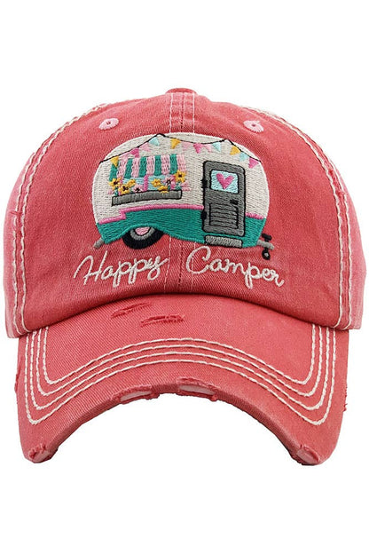 Hana - Embroidered HAPPY CAMPER Washed Vintage Baseball Cap