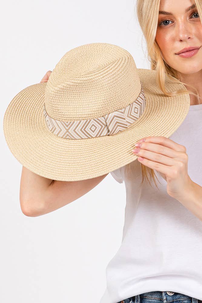 Hana - Aztec Tribal Pattern Band Straw Summer Sun Hat