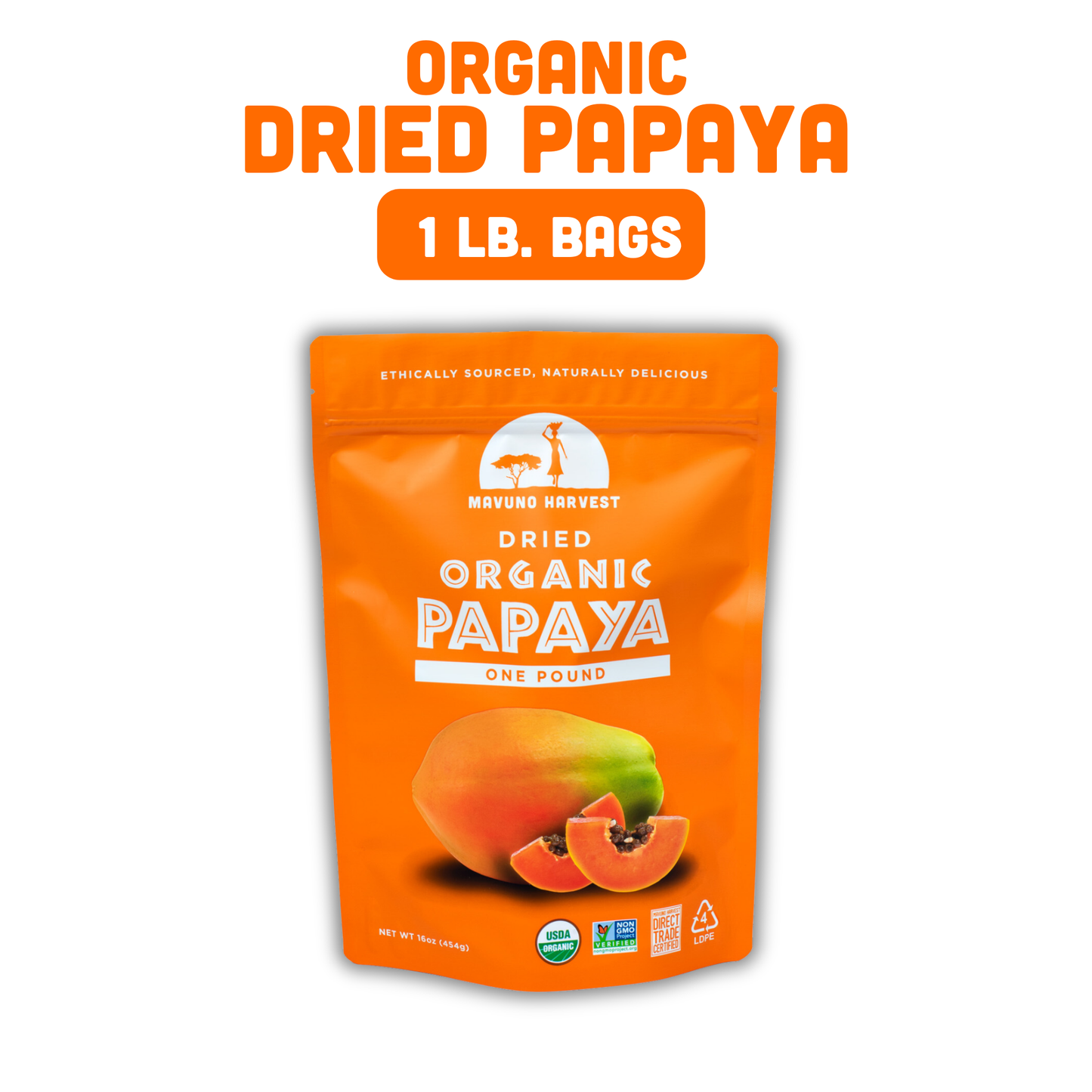 Mavuno Harvest Organics - Organic Dried Papaya, 6-pack case