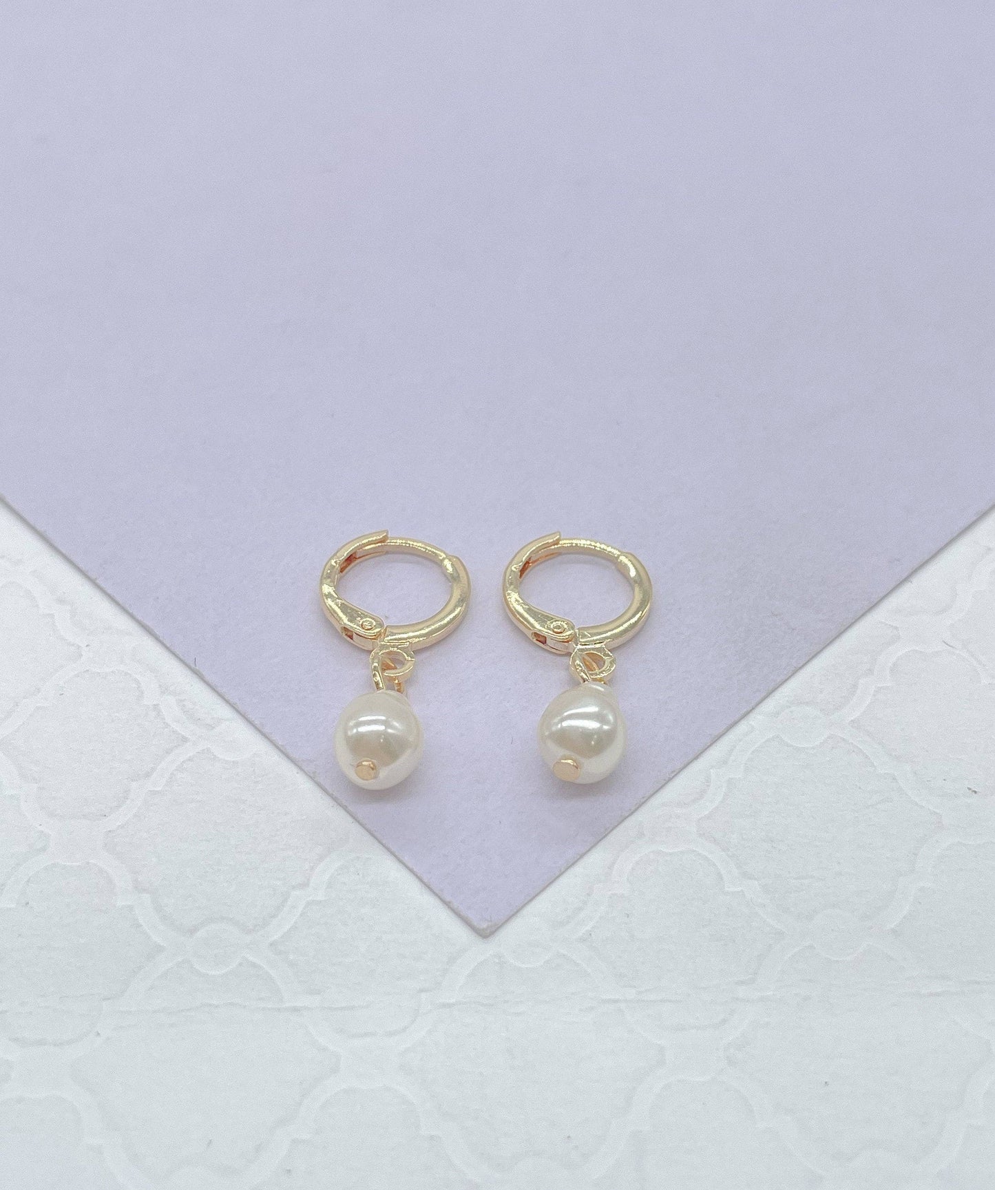 Milie Jewels - 18k Gold Filled Dainty Dangling Hoop With Small Pearl Charm
