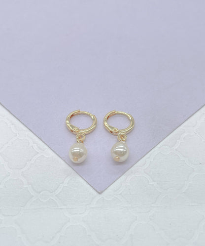 Milie Jewels - 18k Gold Filled Dainty Dangling Hoop With Small Pearl Charm