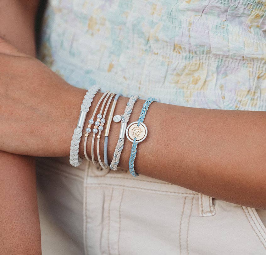 K'lani hair tie bracelets - "Wonder" Soft Creams & Blues with Pearls & Gold Hair Tie Bracelets
