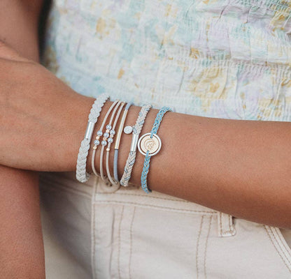 K'lani hair tie bracelets - "Wonder" Soft Creams & Blues with Pearls & Gold Hair Tie Bracelets