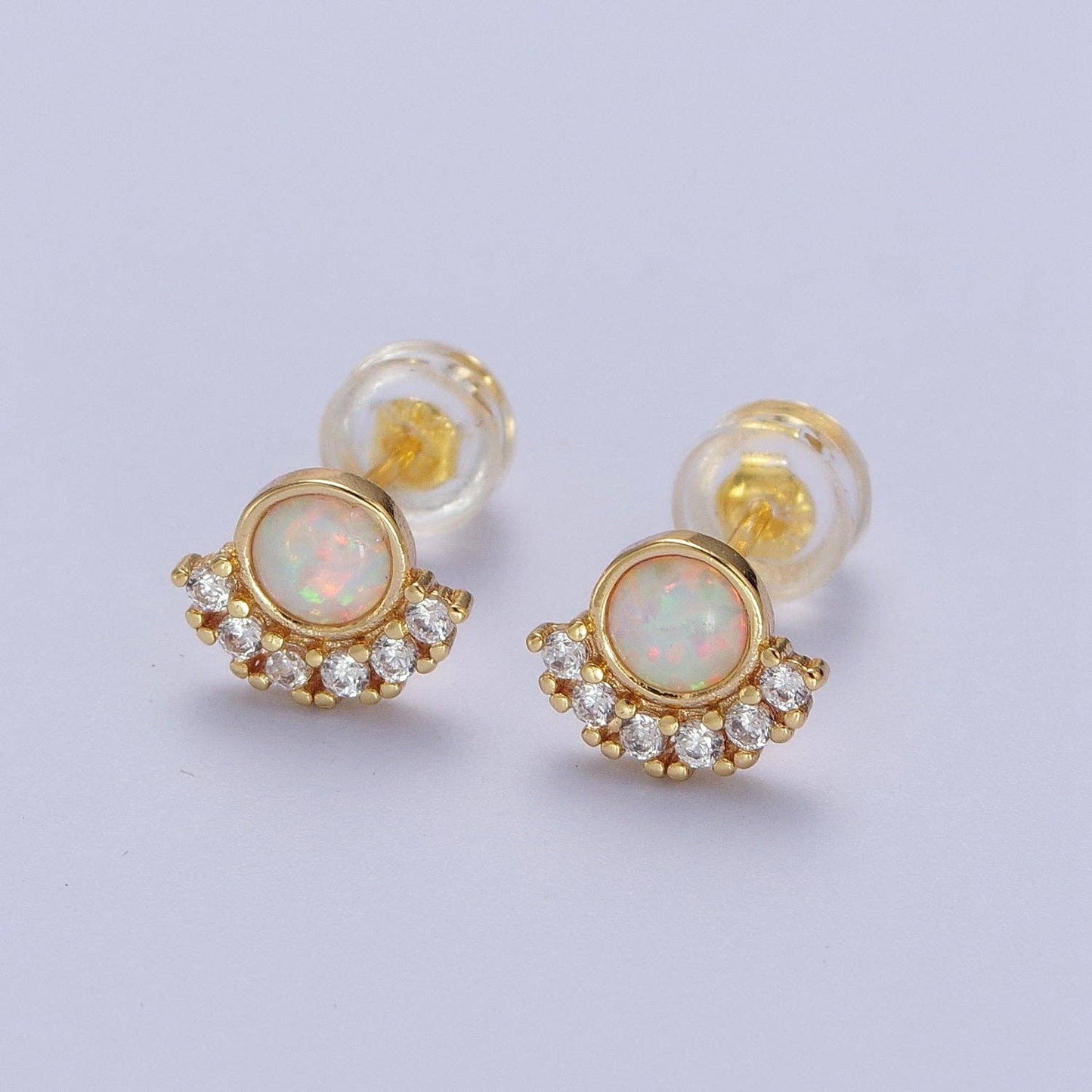 Aim Eternal - 24K Gold Filled Micro Paved Round White Opal Stud Earrings | Y152