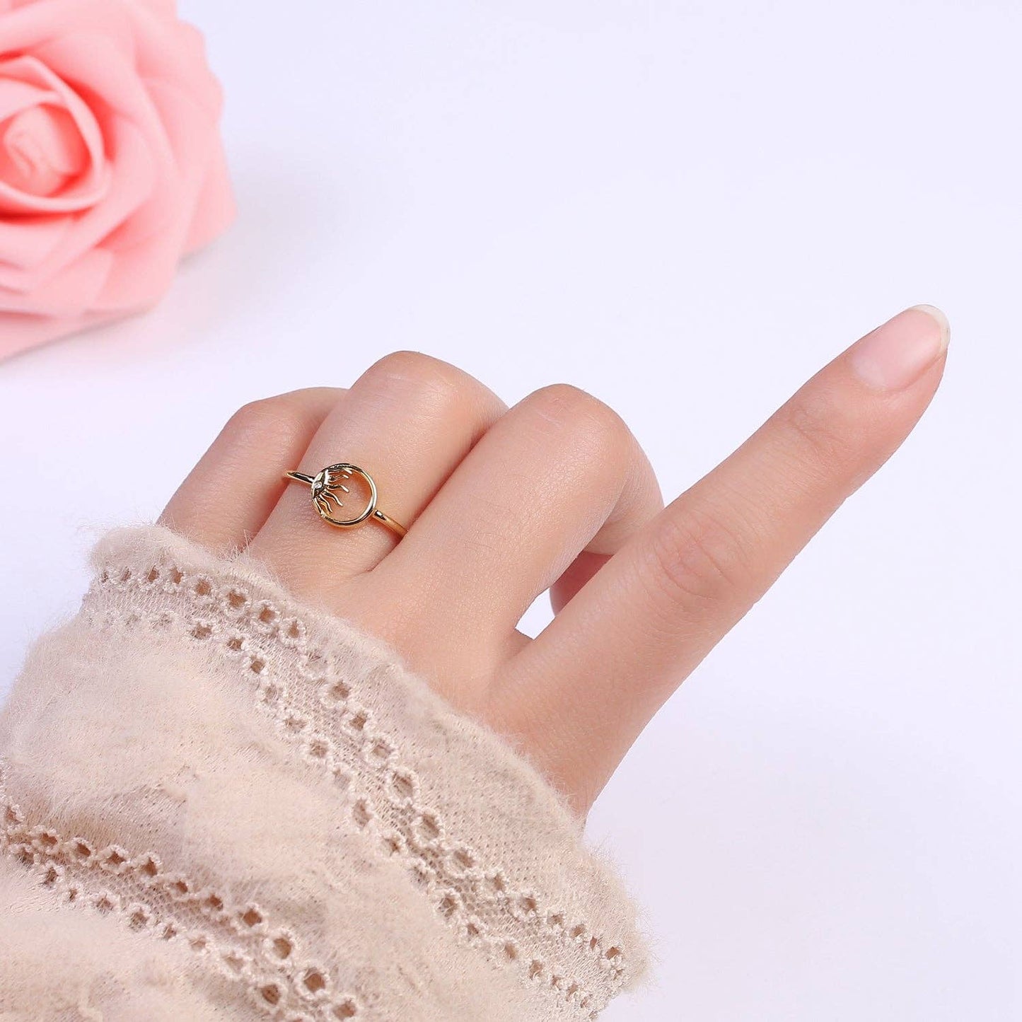 Aim Eternal - 24K Gold Filled Sun Ring, Celestial Astrology Golden Ring with Crystal Cubic Zirconia CZ S-334
