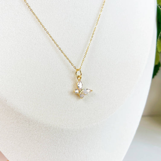 Melange Blanc - N025 gold crystal butterfly charm pendant necklace