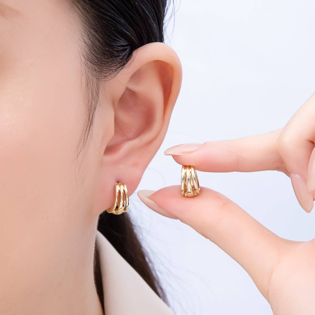 Aim Eternal - 14K Gold Filled 14mm Minimalist Triple Band Cartilage Huggie Earrings | Earrings-00276