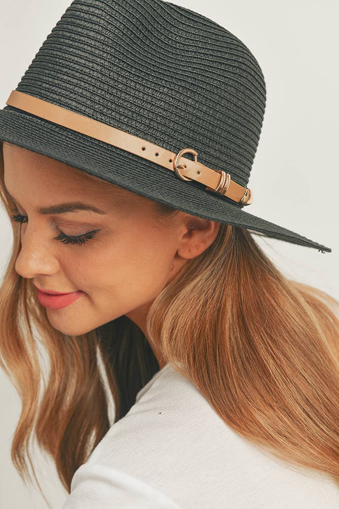 Hana - PU Leather Buckled Band Panama Hat
