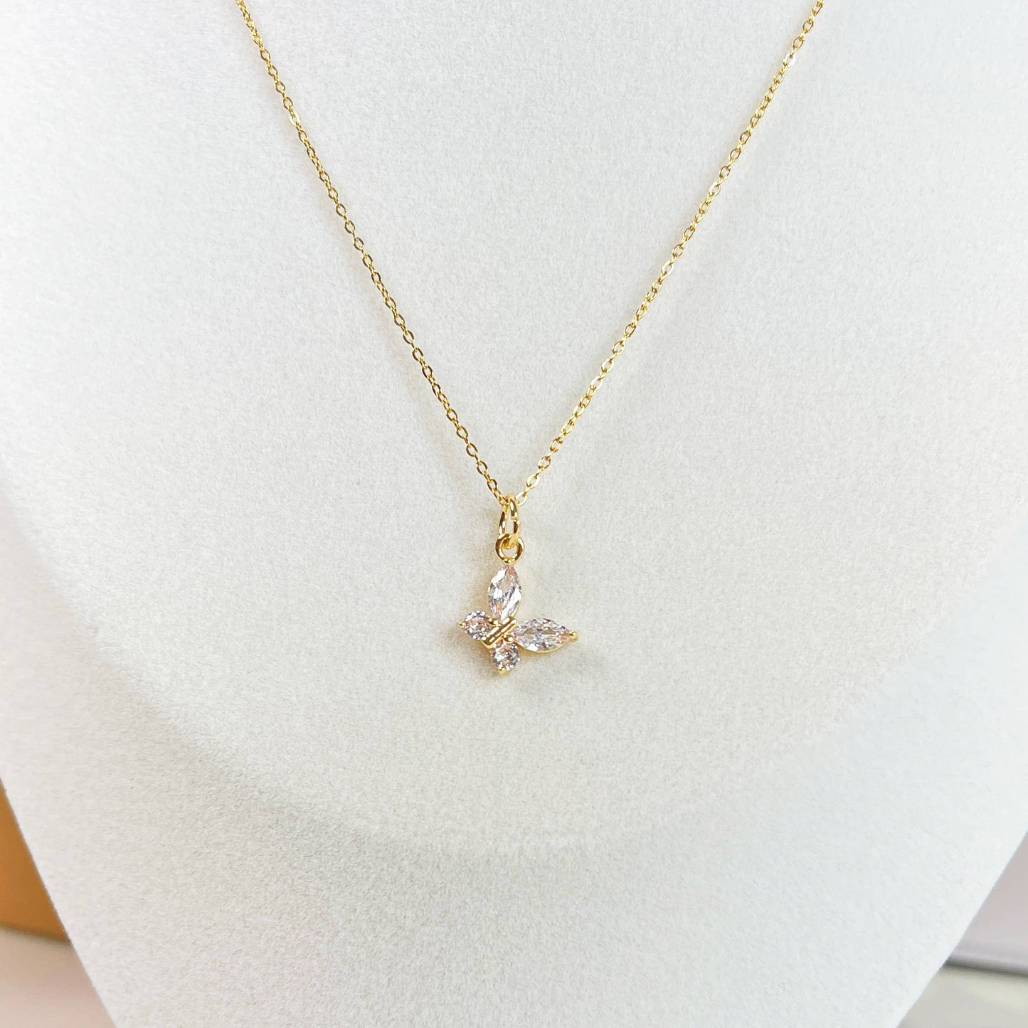 Melange Blanc - N025 gold crystal butterfly charm pendant necklace