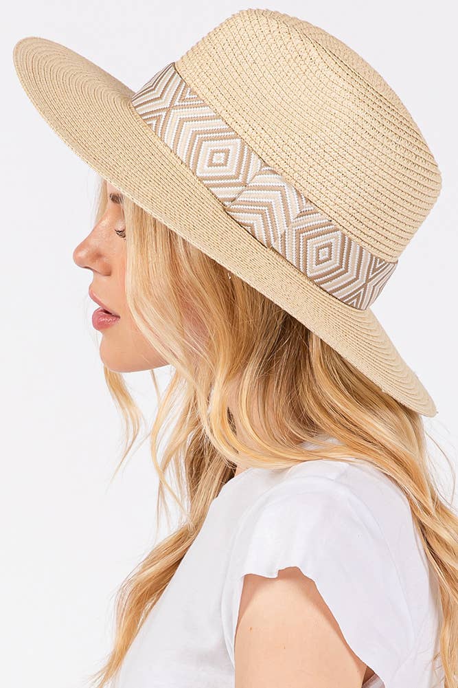 Hana - Aztec Tribal Pattern Band Straw Summer Sun Hat