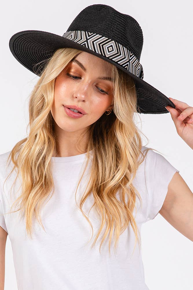 Hana - Aztec Tribal Pattern Band Straw Summer Sun Hat