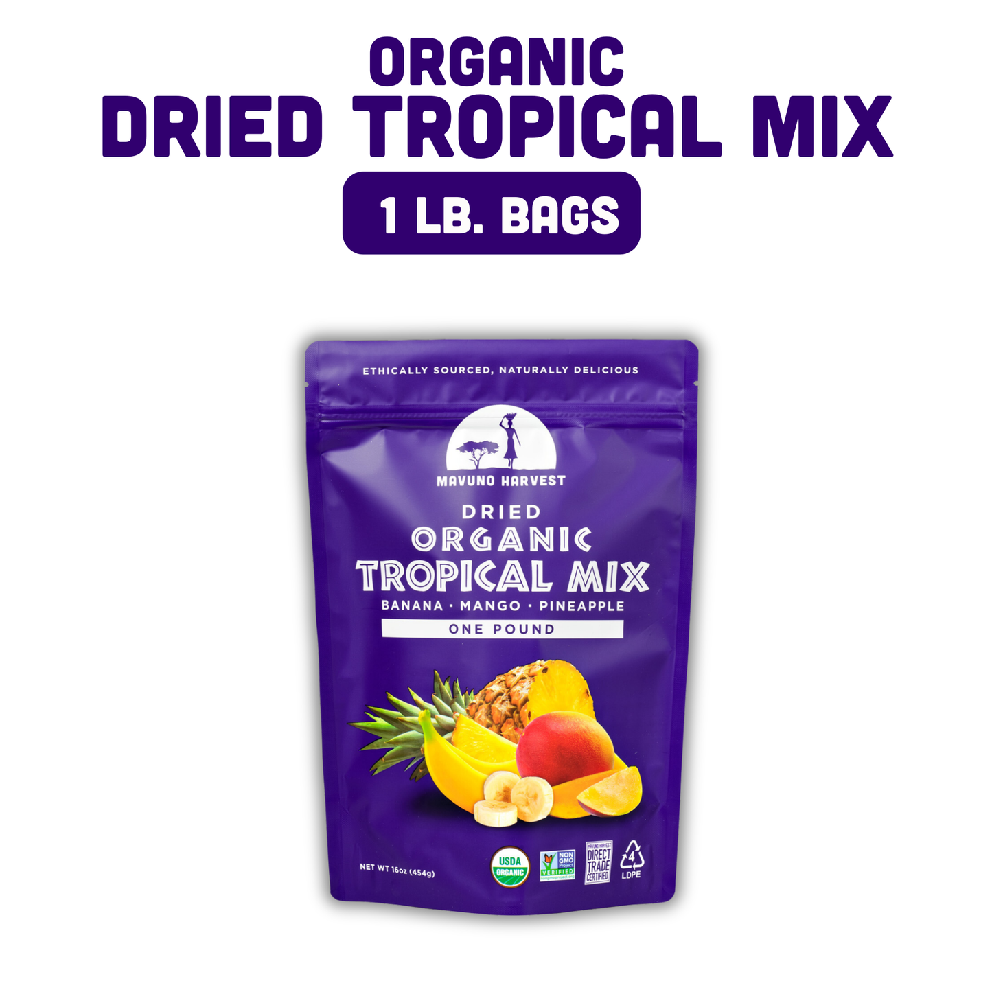 Mavuno Harvest Organics - Organic Dried Tropical Mix (Mango, Banana, Pineapple), 6-pack case
