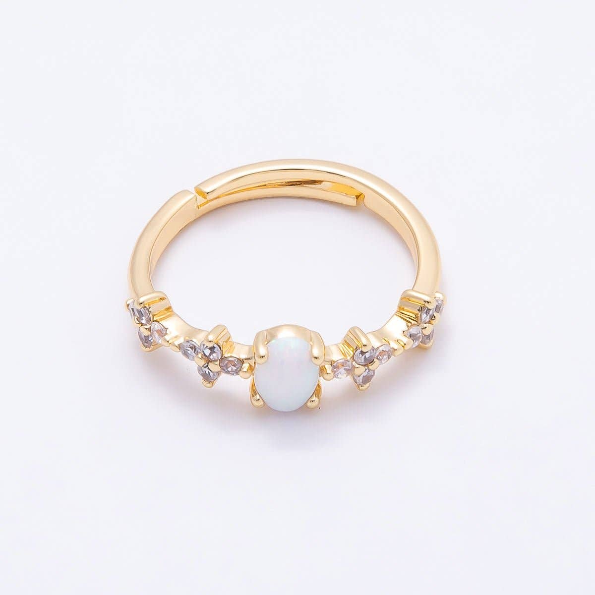 Aim Eternal - 16K Gold Filled White Opal Clear CZ Flower Leaf Adjustable Ring | Rings-00139