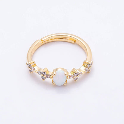 Aim Eternal - 16K Gold Filled White Opal Clear CZ Flower Leaf Adjustable Ring | Rings-00139
