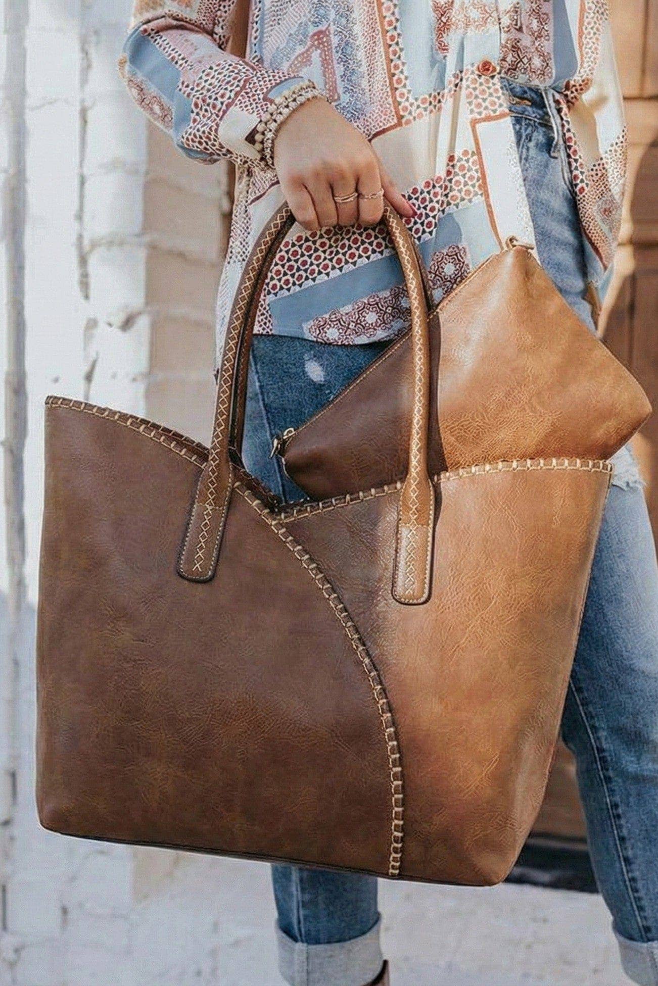 MiMi Wholesale - COL001-2 2-in-1 Stitch Trim Detail Shoulder/Tote Set Bag