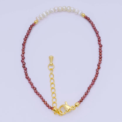 Aim Eternal - 24K Gold Filled Shell Pearl Multifaceted Natural Gemstone Bead 6.69 Inch Bracelet w. Extender | WA-03695 ~ WA-03717